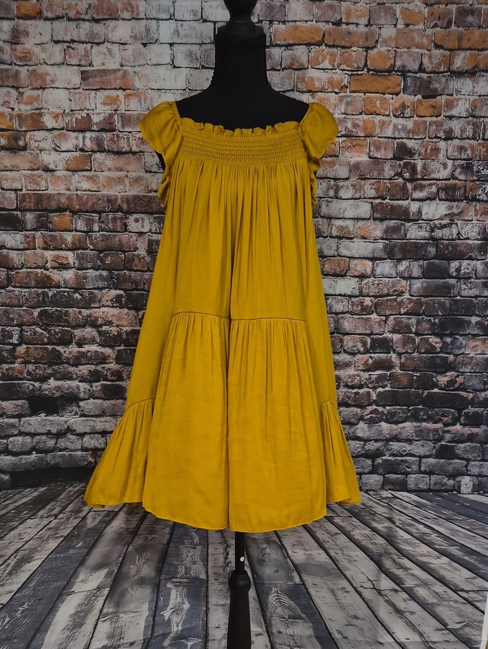 Free People Want Your Love Silky Golden Mustard Smocked-Neck Dress